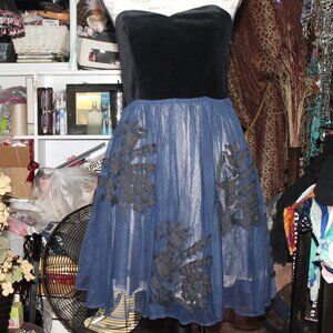 New $280 Floreat Anthropologie Black/Blue Applique Halter or Strapless Dress